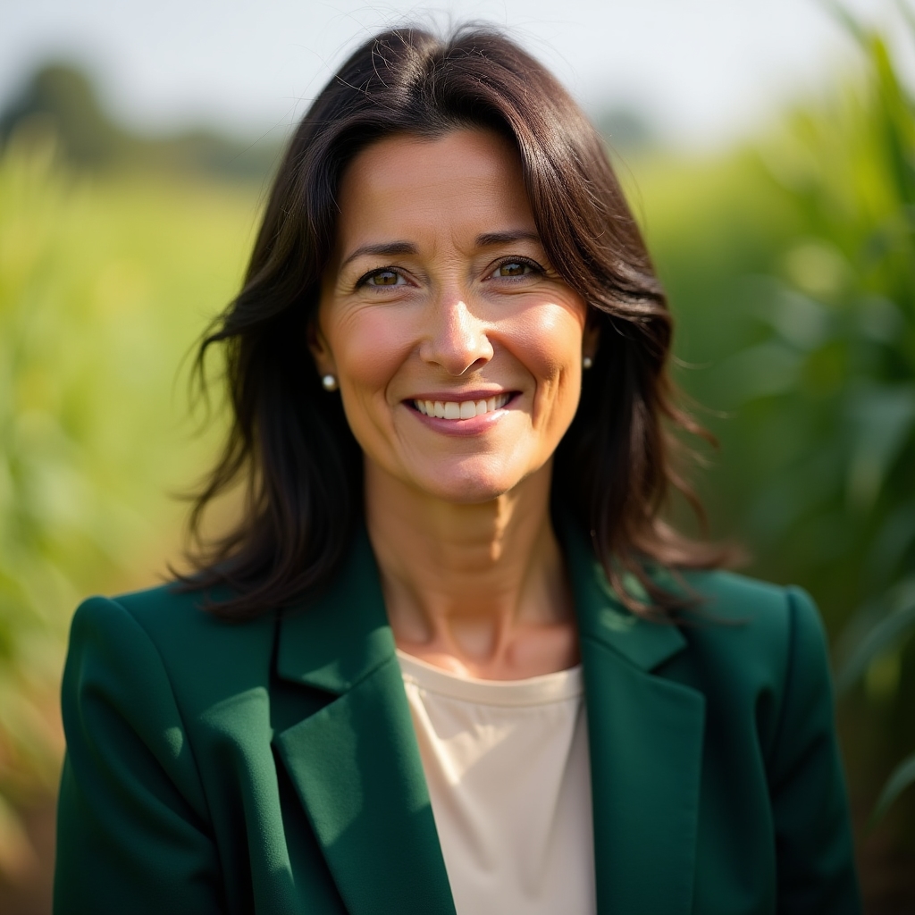 Lead consultant, a woman in her late 40s with short dark hair, wearing a green blazer, standing in a field setting