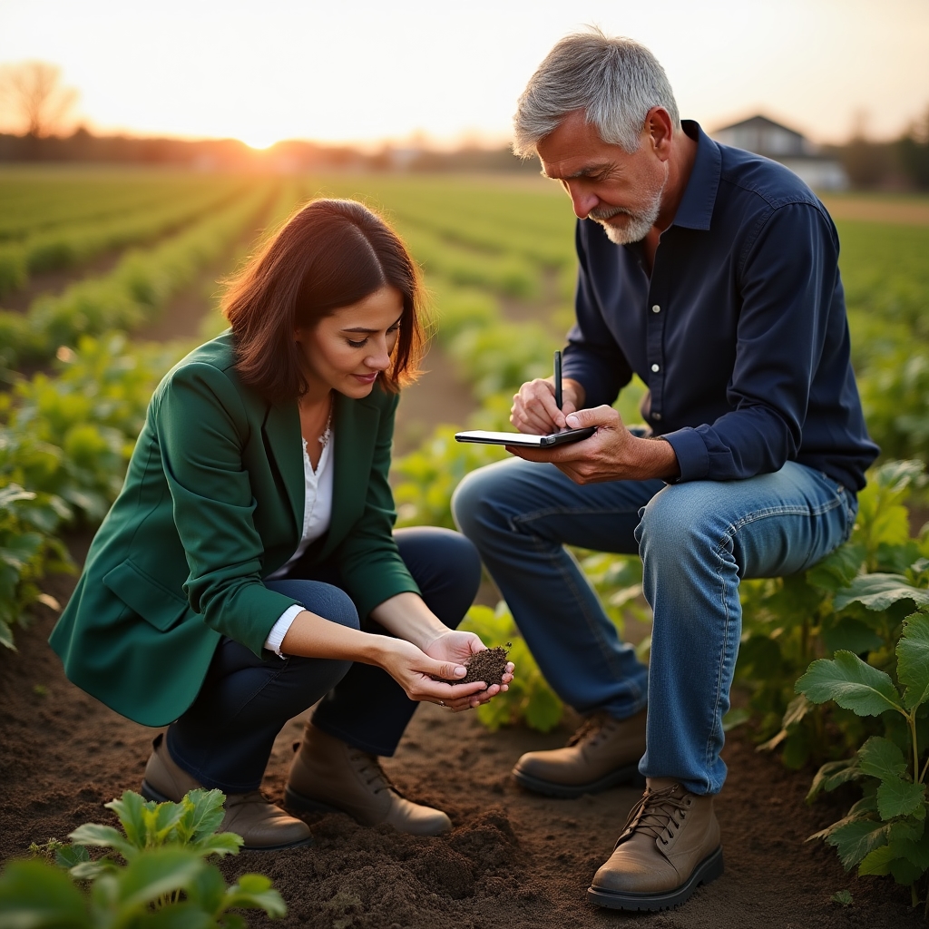 Two consultants conducting a field assessment on a small farm, examining soil and discussing findings