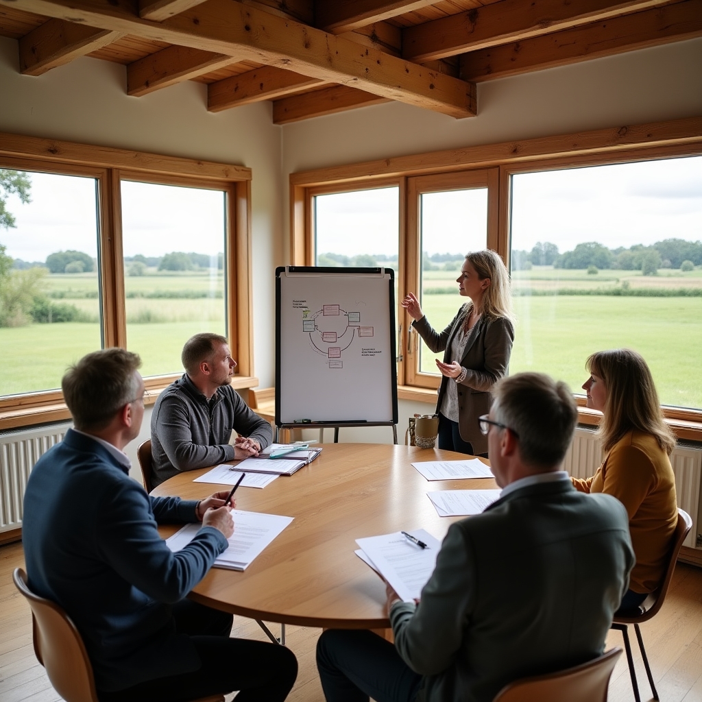 A small group workshop with rural producers seated around a table reviewing printed resource flow diagrams